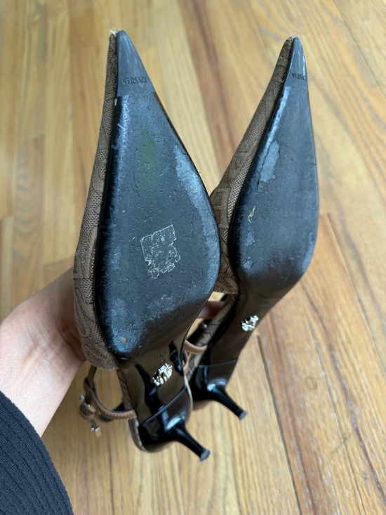 Versace Brown Logo-Jacquard Pointed Slingback Heels - Picture 5 of 7